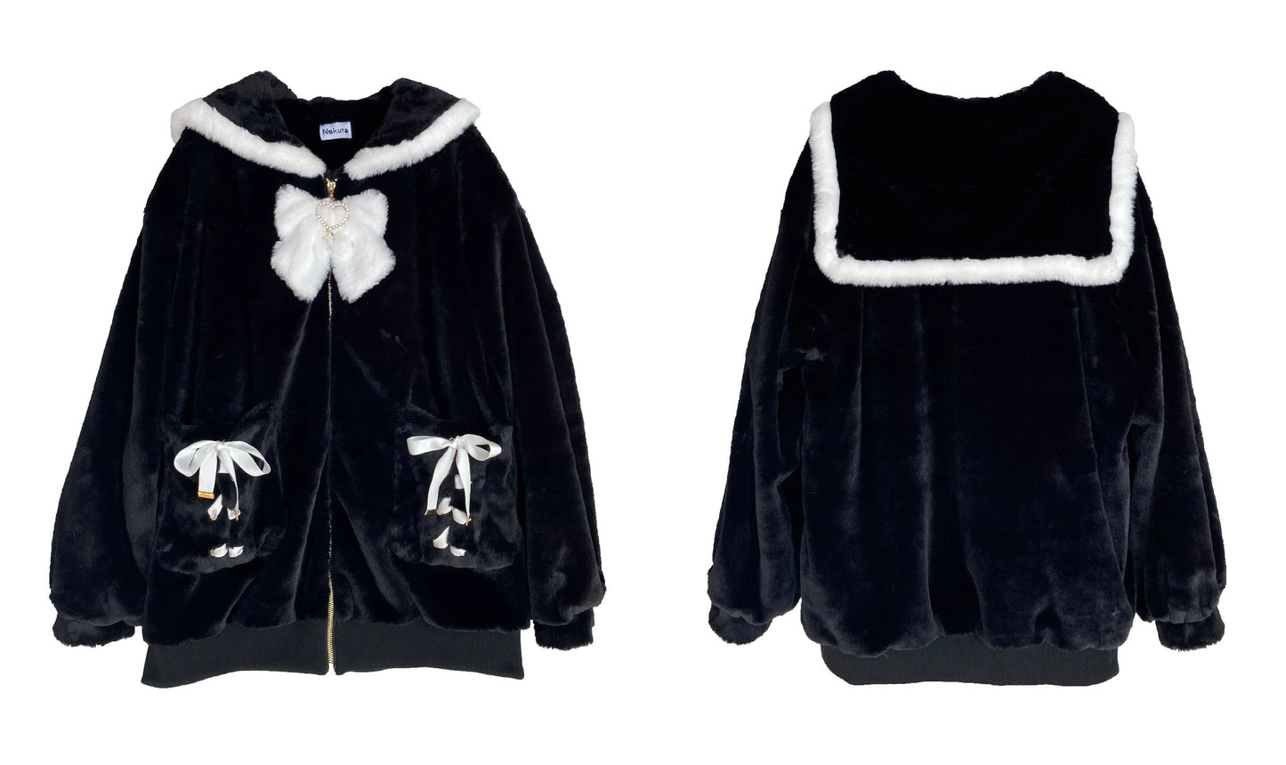 Black Jirai Kei Coat Ryousangata Imitation Rabbit Fur Coat (M) 33304:446234