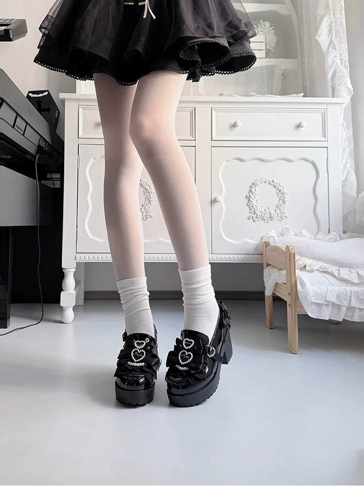 Jirai Kei Chunky Heel Slip-on Shoes, Bows and Pearls 45868:866955