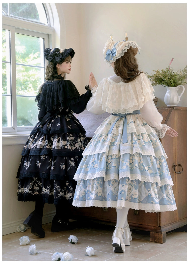 Classic Lolita Dress Twins Cottagecore Embroidery Tiered Dress 39470:641134