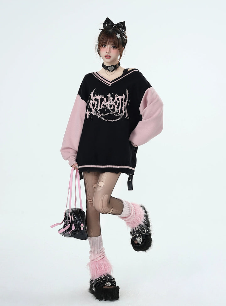 Y2K Sweater Gyaru V-neck Black-Pink Sweater For Winter (M S) 41790:713672