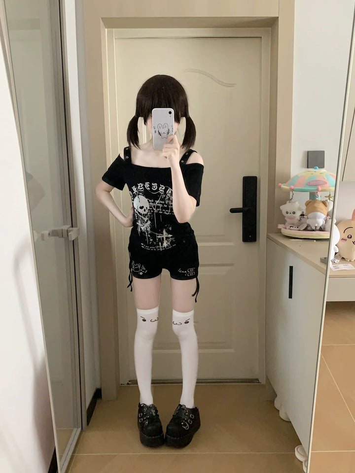 Subculture Skull Printed T-Shirt, Side Drawstring 45643:858228