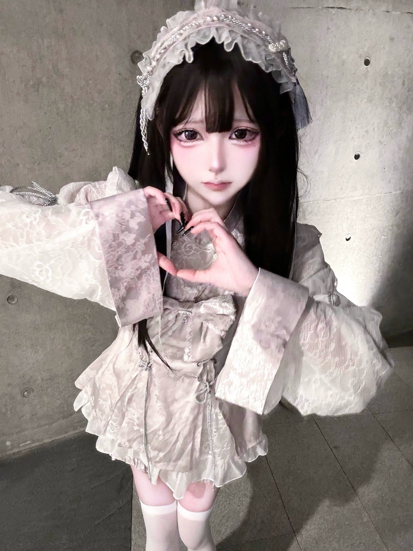 Jirai Kei Dress Set Chinese Style Lace Suit Short Sleeve Dress (L M S XL) 35598:500508