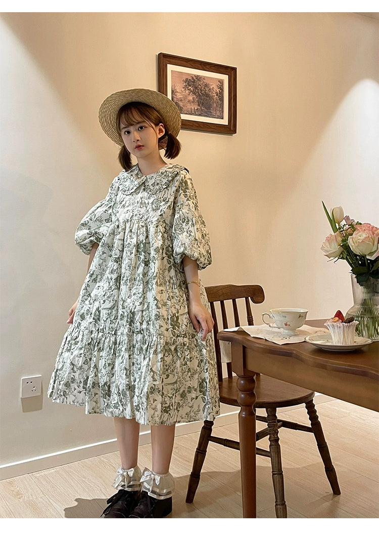 Mori Kei Dress Bubble Sleeve Vintage Green Floral Dress 36552:531190 36552:531190