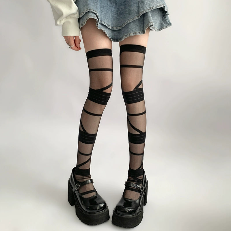 Lolita Socks Y2K Thigh-high Socks Straps White Black Silk 36616:522426