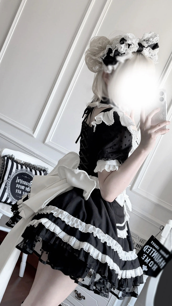 Black and White Maid Lolita Dress, Detachable Apron 46065:874548