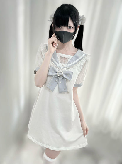 Jirai Kei Dress Pearl Embroidered Dress Short Sleeve Dress 37648:568050