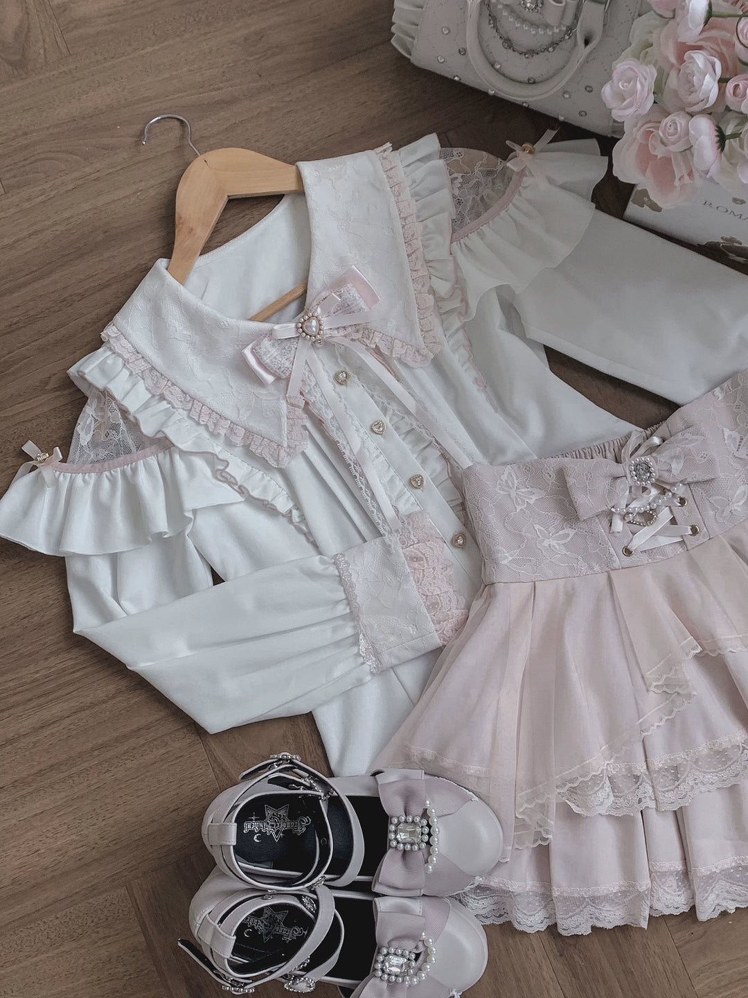 Jirai Kei Long Sleeve Blouse, Lace Open-Shoulder 44588:815084