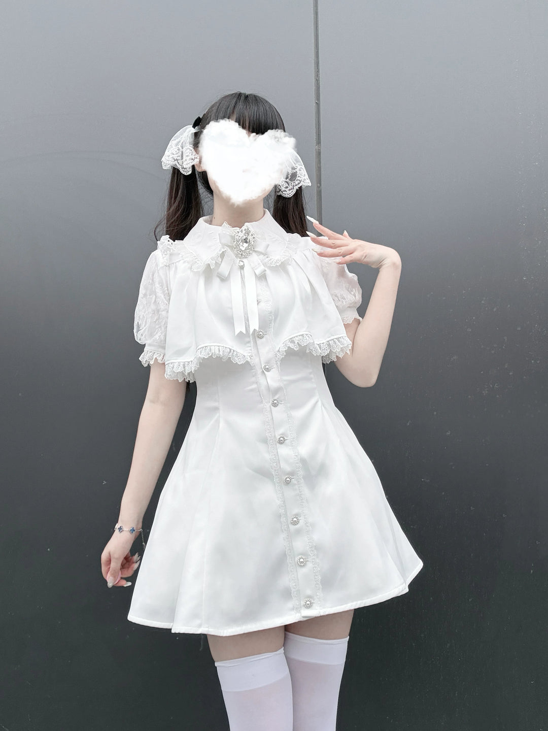 Layered Jirai Kei Dress, Detachable Rhinestone Bow 45196:841336