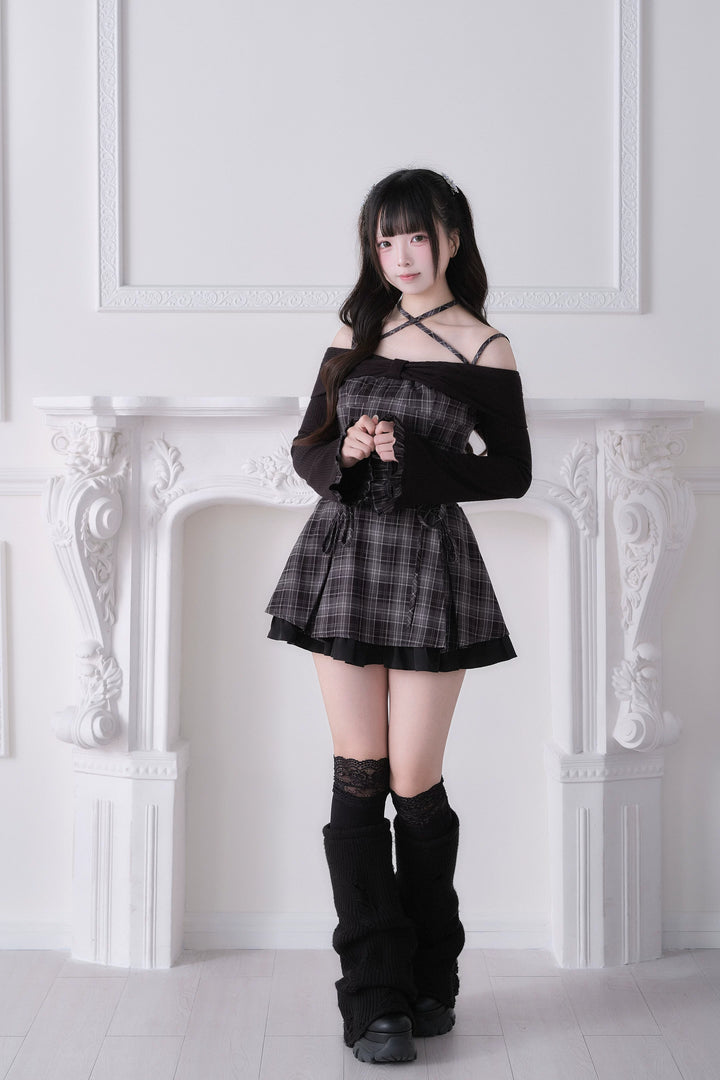 Jirai Kei Plaid Top and Skirt Set, Halter Neckline 44814:822651