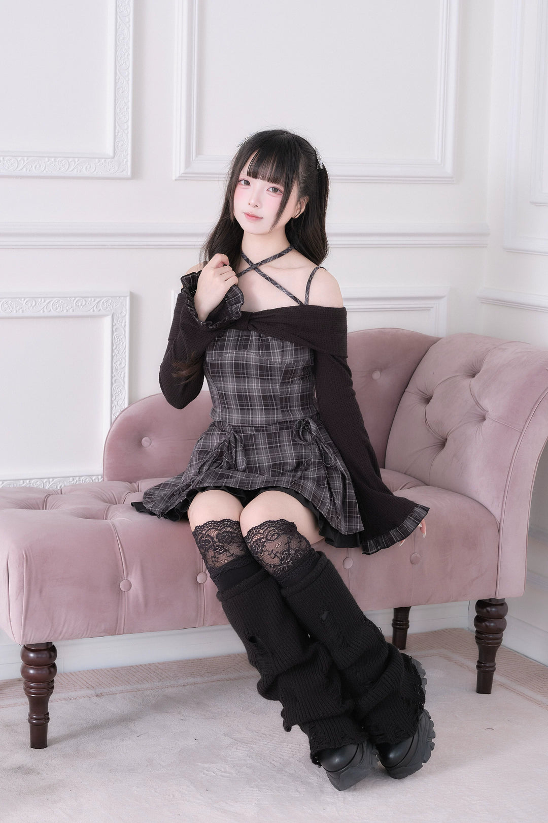 Jirai Kei Plaid Top and Skirt Set, Halter Neckline 44814:822658