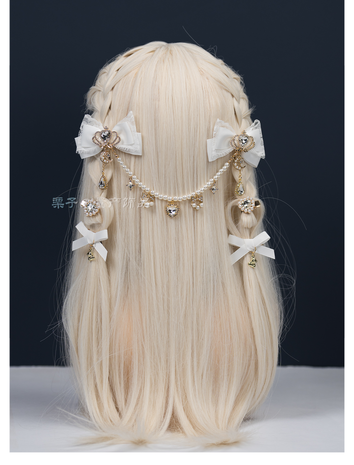Jirai Kei Bow Hair Clips, Rhinestone Crown and Pearl Chain 44194:802740