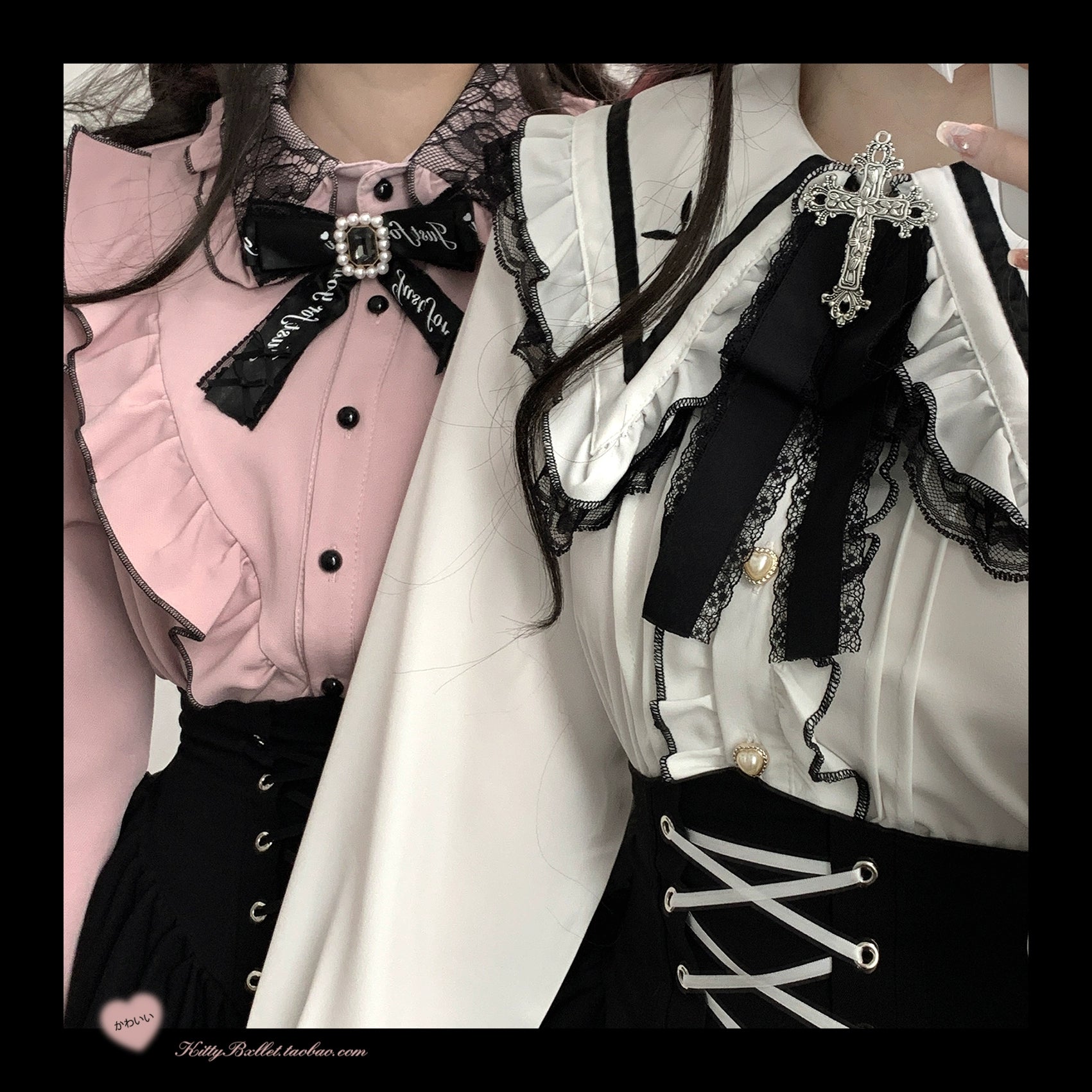 Jirai Kei Blouse Sailor Collar Shirt Cross Lace Long Sleeve Blouse 36780:537394
