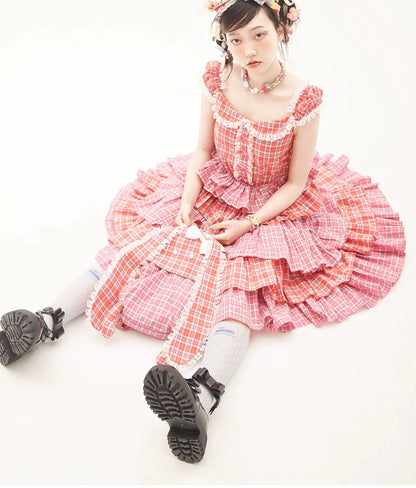 Sweet Lolita Dress Pink Plaid Dress Kawaii Layered Dress 36166:543364