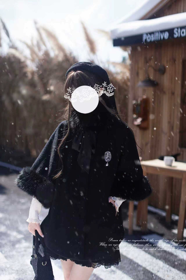 Mid-length Winter Cloak, Faux Fur Trim (L M S XL) 44035:793994