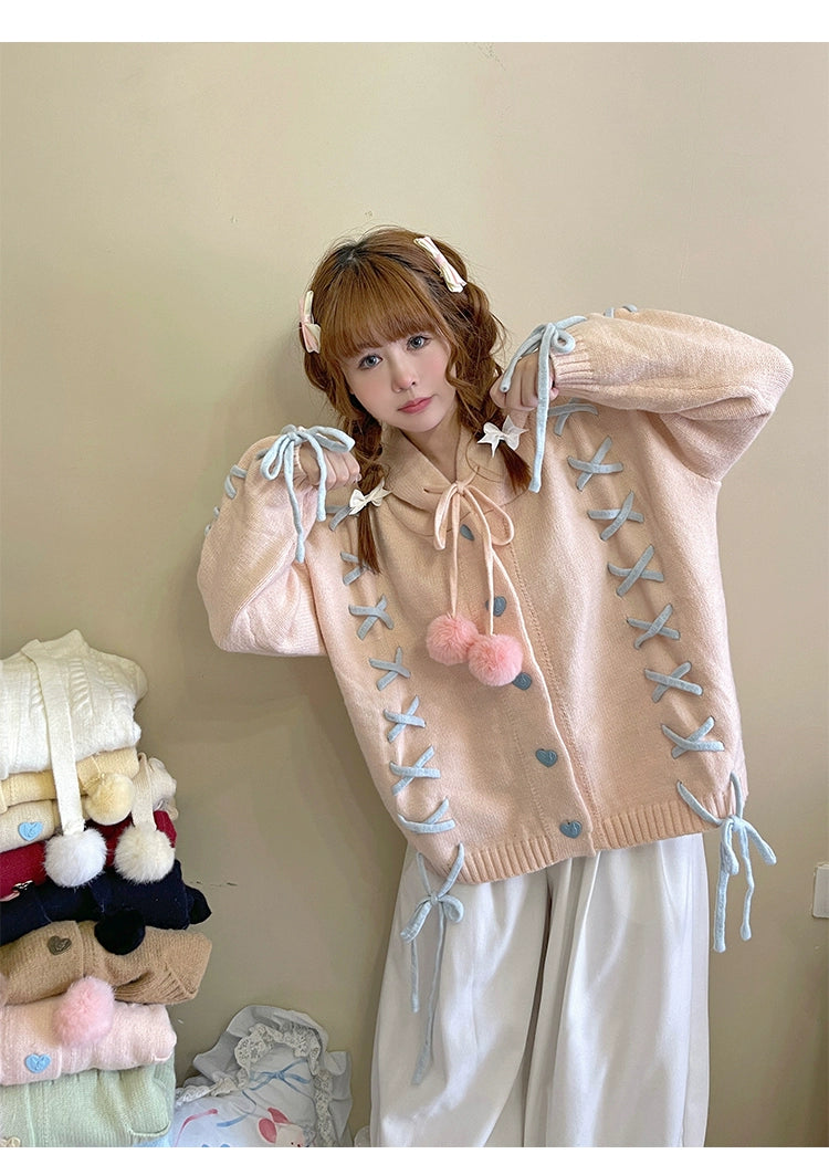 Kawaii White Pink Blue Cardigan Bunny Ears Sweater Coat 22658:345360 22658:345360