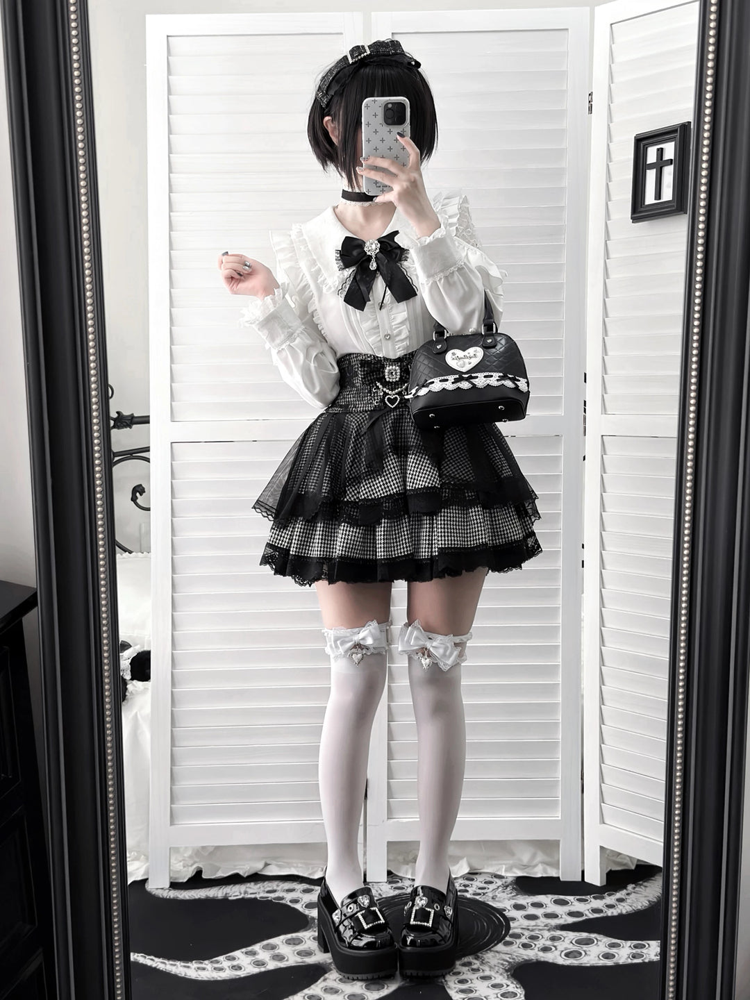 Ryousangata White Blouse & Houndstooth Skirt Set 46074:874733