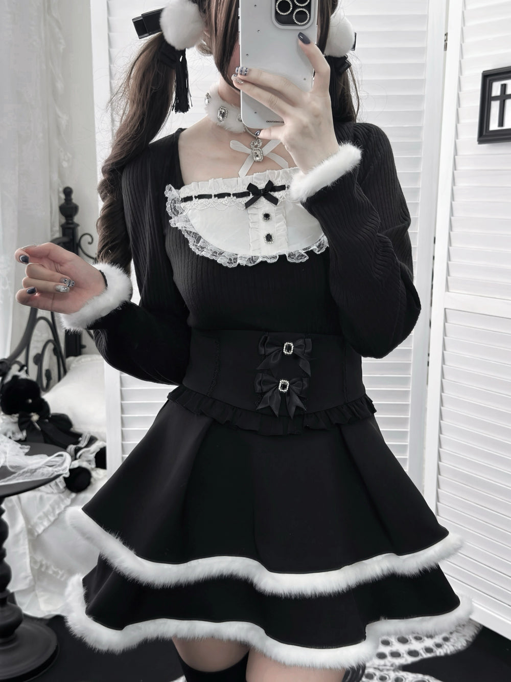 Jirai Kei Black High Waist Skirt, Faux Fur Trim 46105:875440