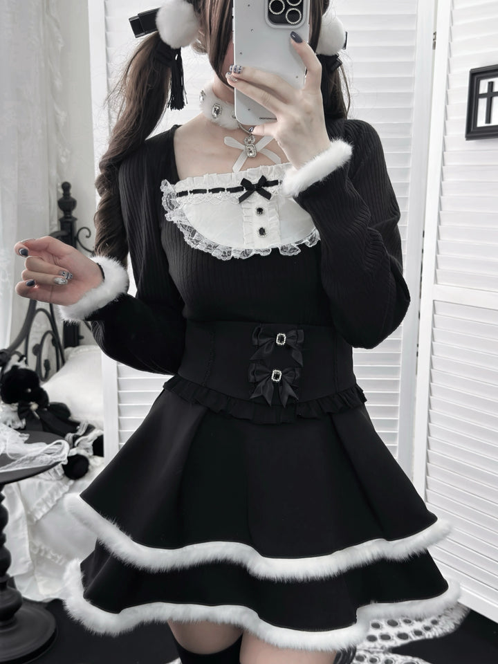 Jirai Kei Black High Waist Skirt, Faux Fur Trim 46105:875440