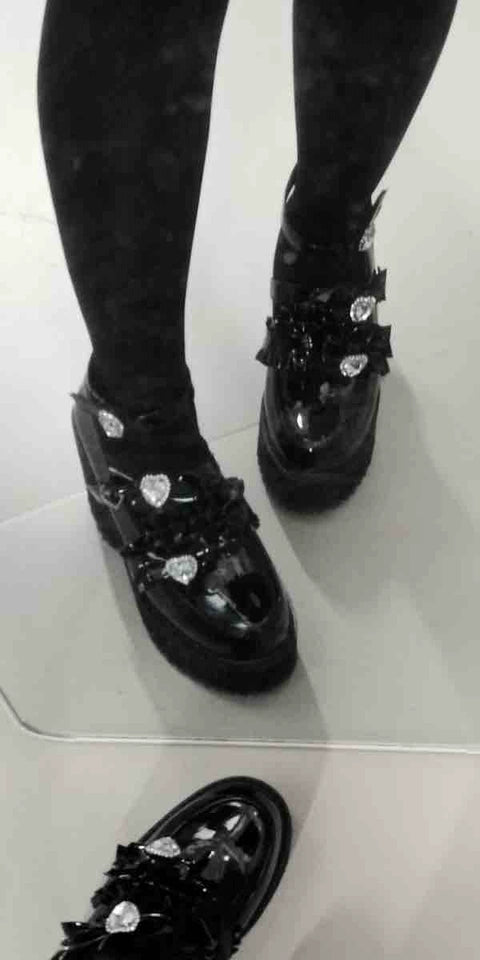 Jirai Kei Platform Shoes with Heart Rhinestone and Ruffle Trim Bow 41582:704380