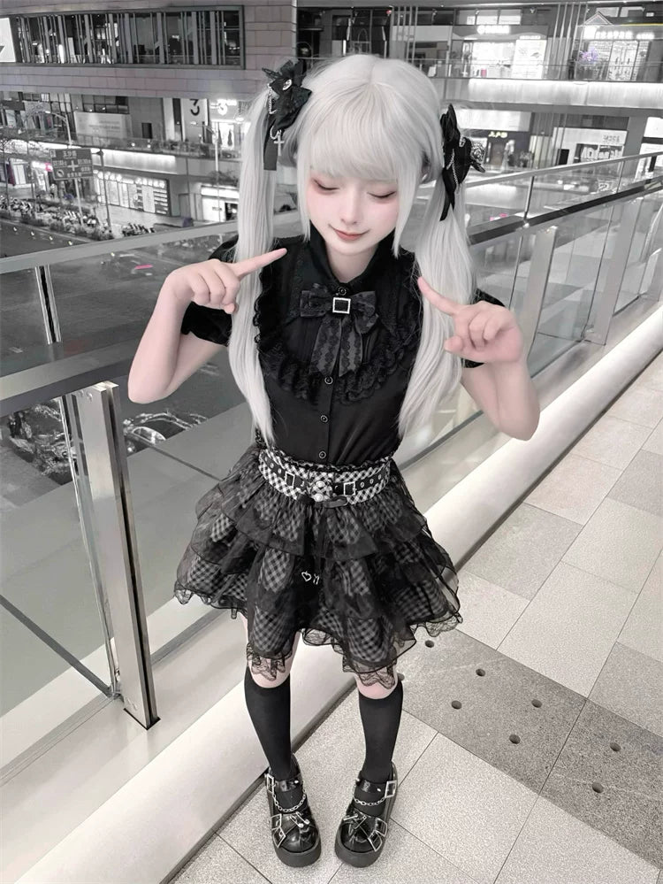 Jirai Kei Black Blouse and Plaid Skirt Set, Tulle Overlay 45572:855460