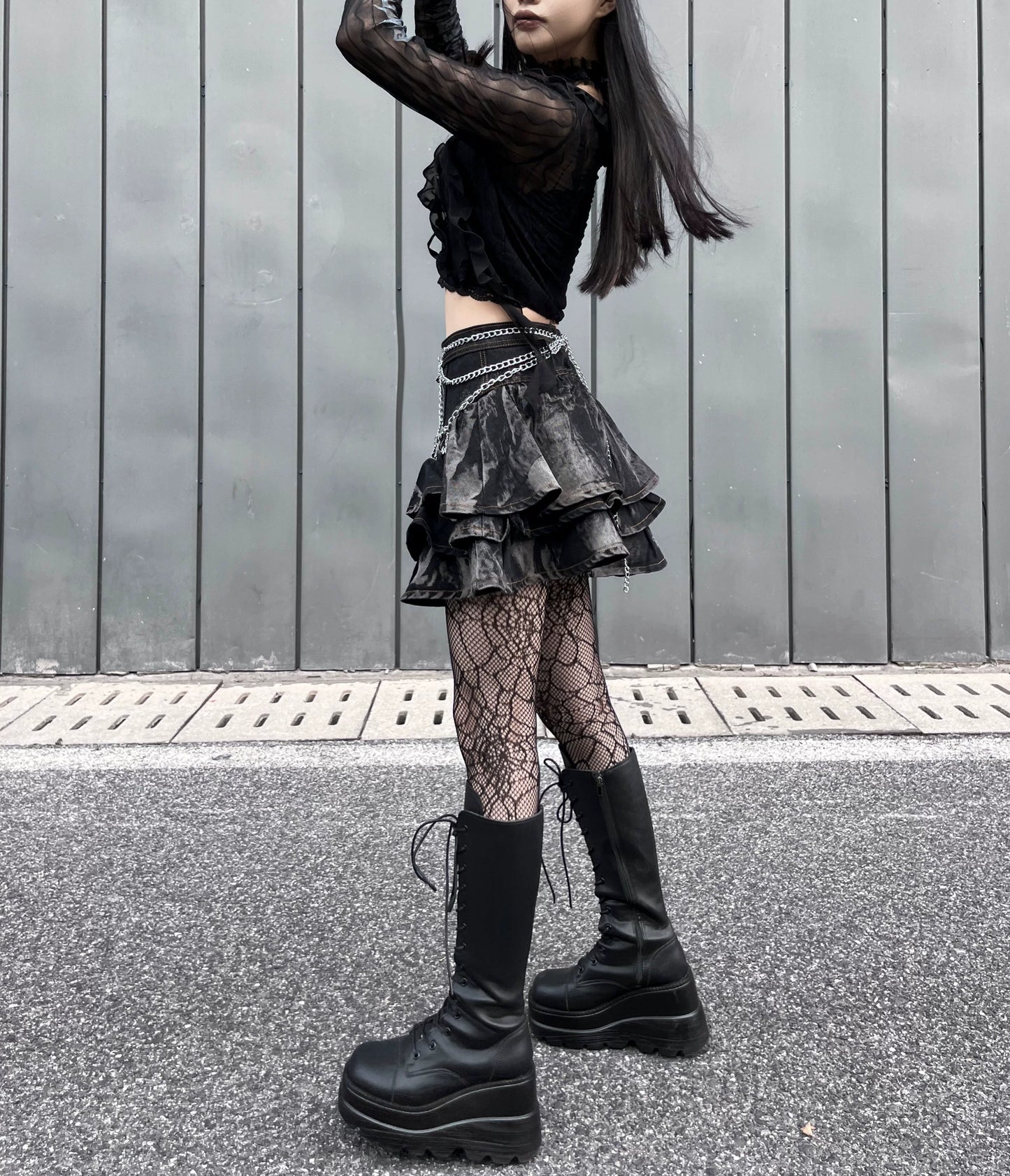 Gothic Puffy Skirt Subculture High Waist Denim Skirt 37472:560784