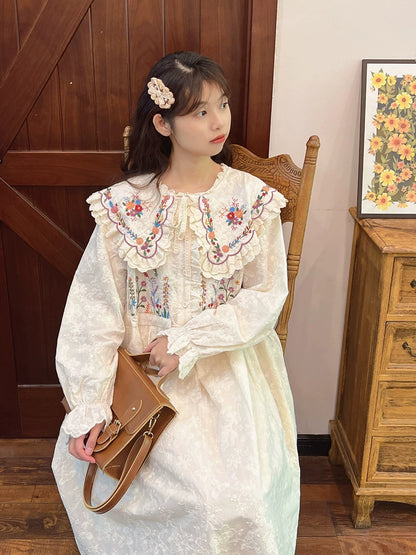 Cottagecore Dress Mori Kei Dress Embroidered Lace Dress (Apricot / F) 36214:524262