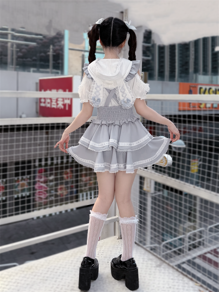 Ryousangata Bunny Ear Hooded Blouse, Tiered Suspender Skirt 45575:858433