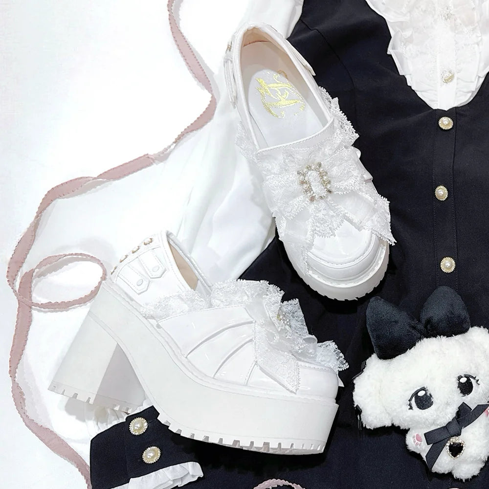 Black/White Jirai Kei Platform High Heel Shoes, Lace Bow (White / 35 36 37 38 39 40 41 42) 45952:872985