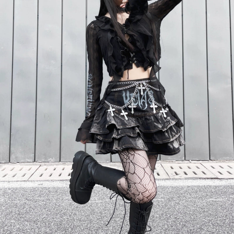 Gothic Puffy Skirt Subculture High Waist Denim Skirt 37472:560788