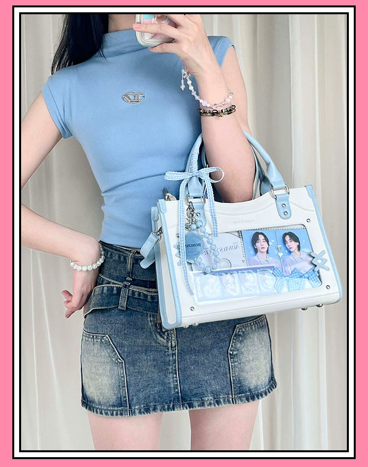 Y2K Square Shaped Ita Bag, Clear Window & Star Chain 45418:848174