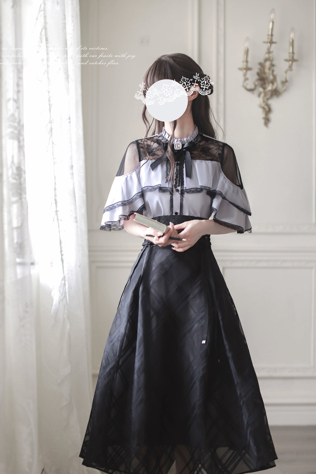 Black Long Jirai Kei Skirt With Elegant Purple Cape Blouse 43111:766074