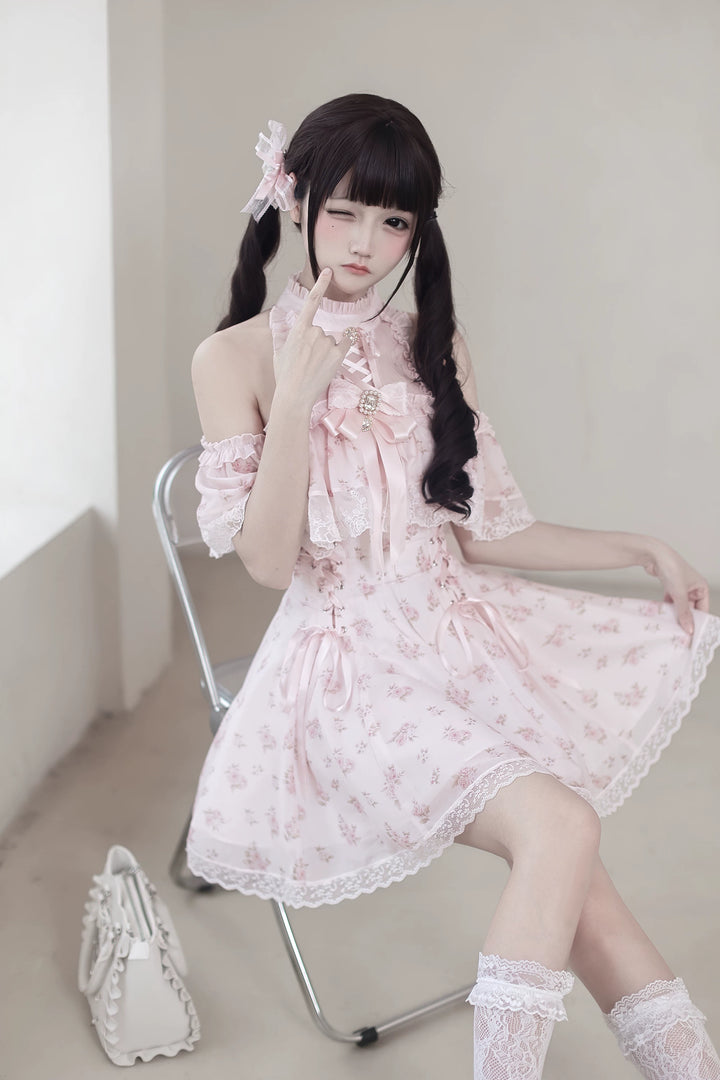 Pink Open Shoulder Ryousangata Dress, Floral Print 45289:846976