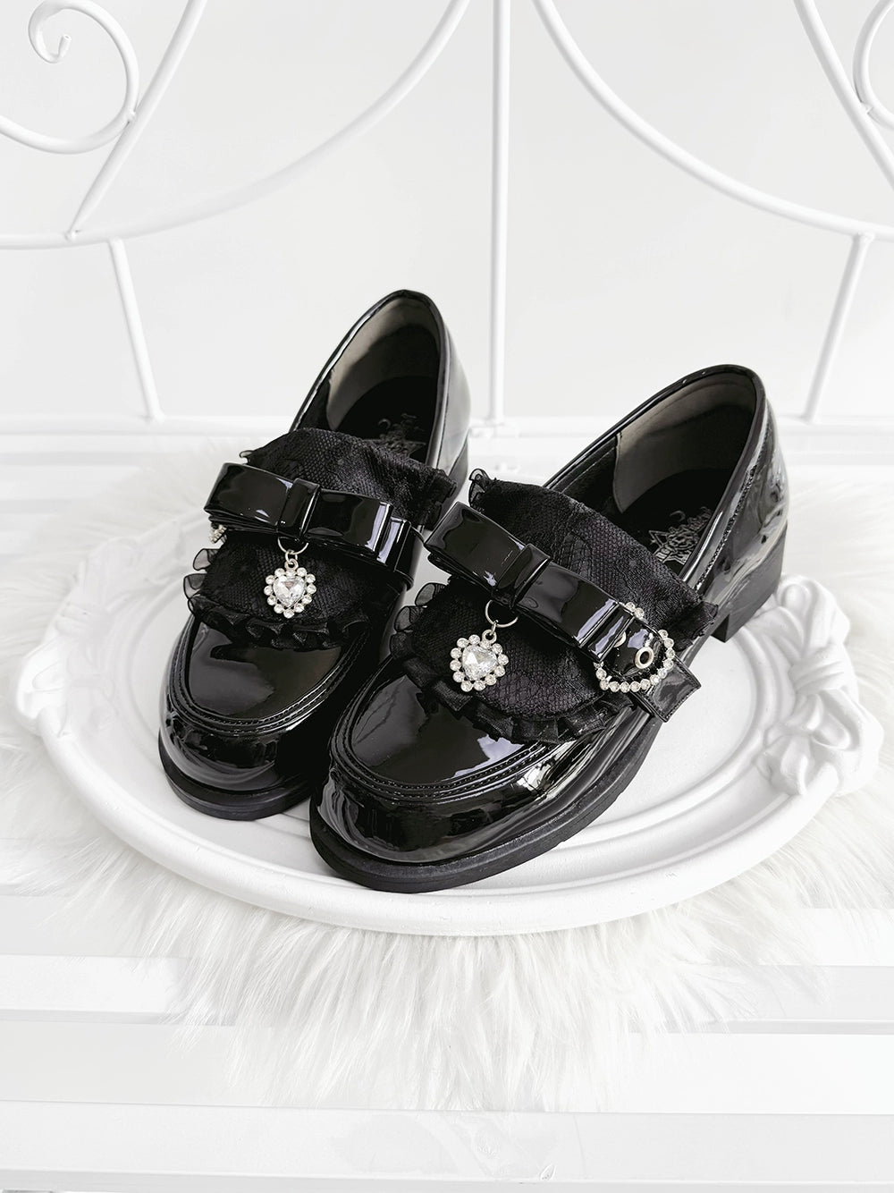 Jirai Kei Low-Heel Loafer Shoes, Rhinestones & Bow 43944:790304