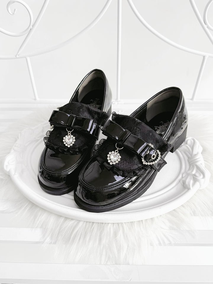 Jirai Kei Low-Heel Loafer Shoes, Rhinestones & Bow 43944:790304