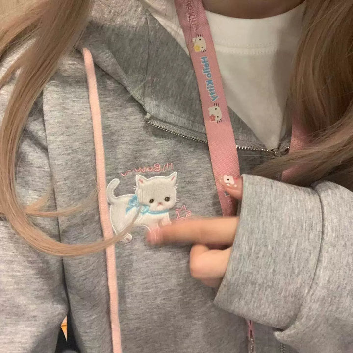 Kawaii Coat Cat Ear Hood Grey Jacket With Pink Ribbons 39708:637838