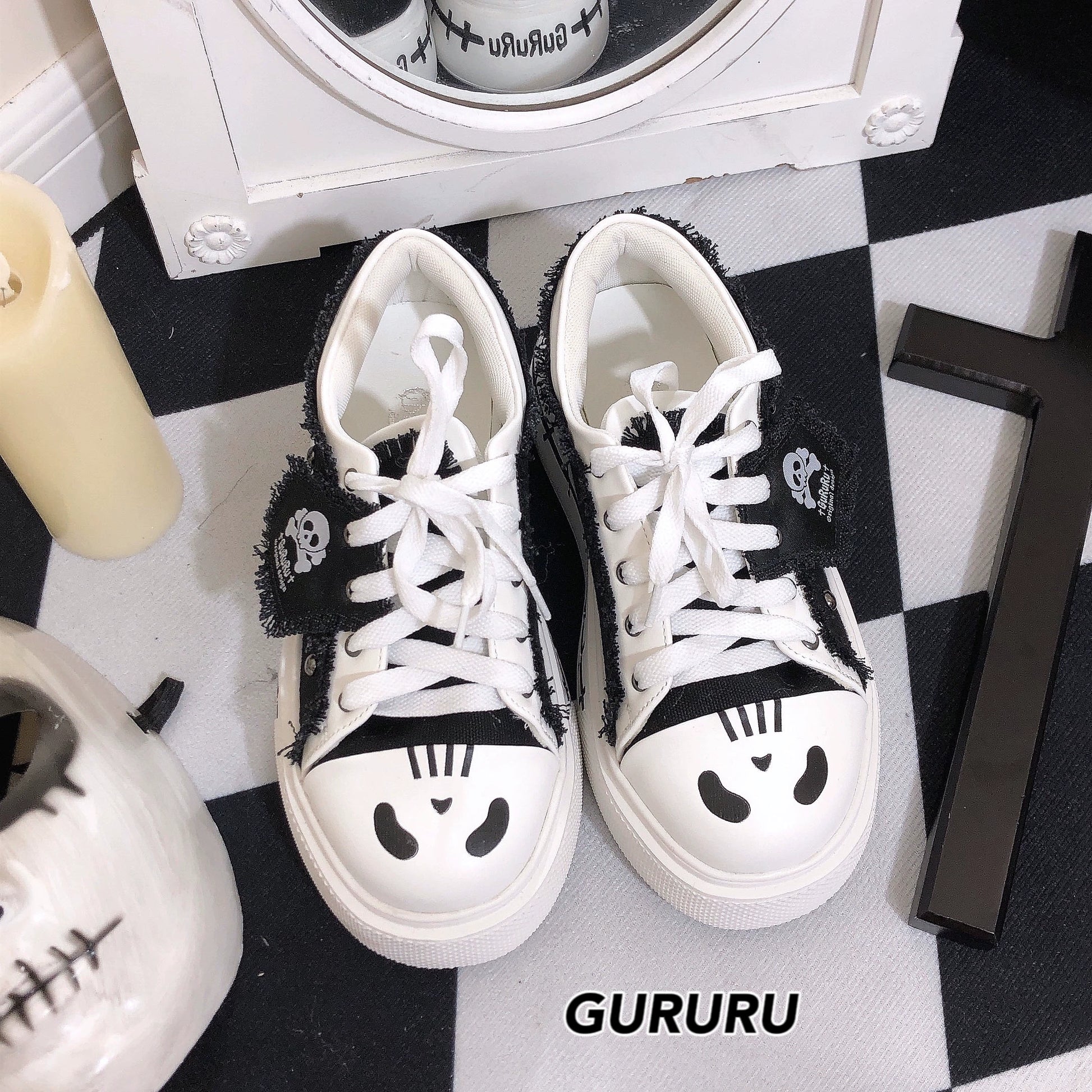 Y2K Subculture Girl Platform Canvas Black White Shoes 28960:344008