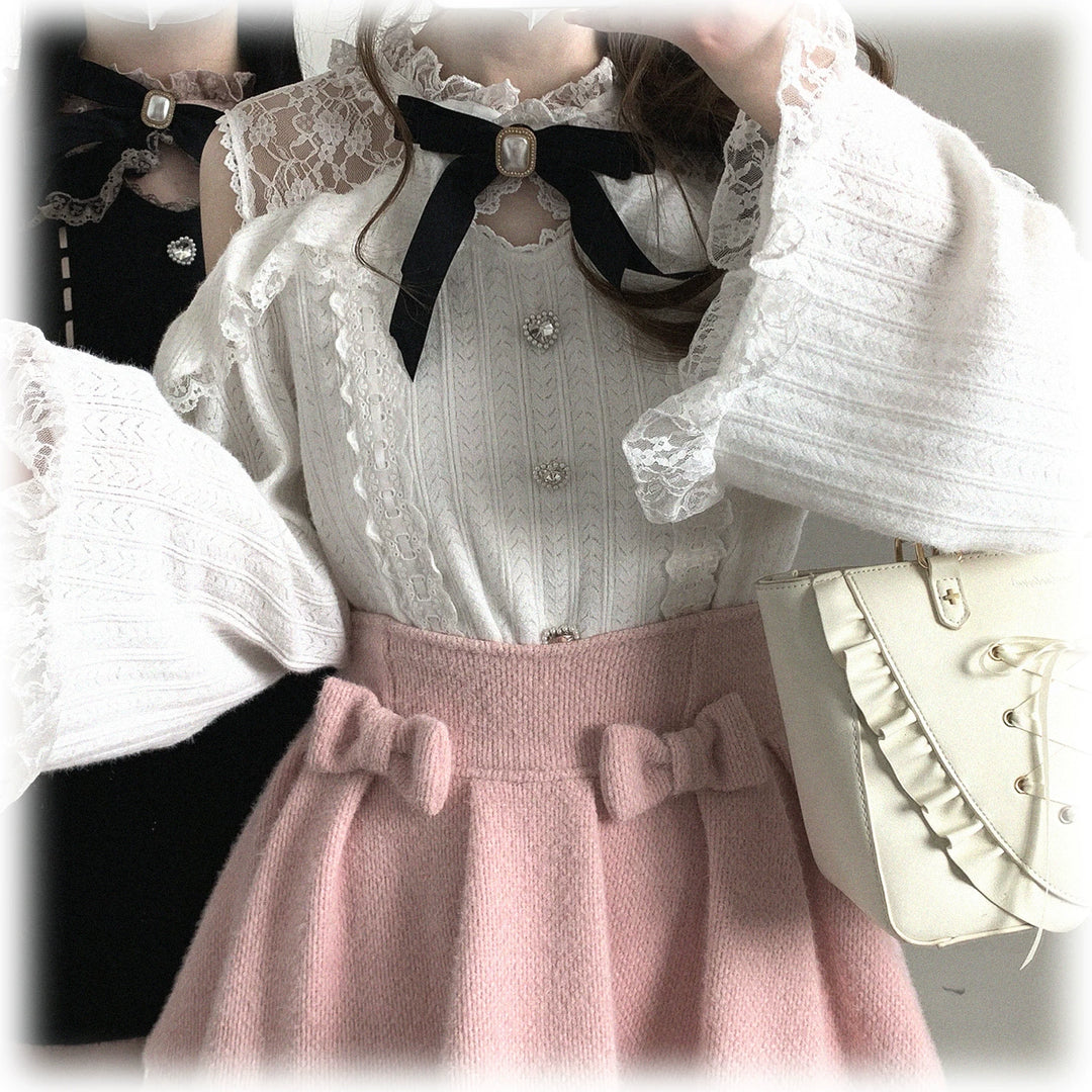 Jirai Kei Off-Shoulder Sweater, Lace Neck 44471:811032