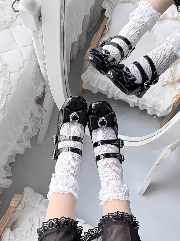 Jirai Kei Square Toe Chunky Heels, Heart rhinestone Details 45840:867433
