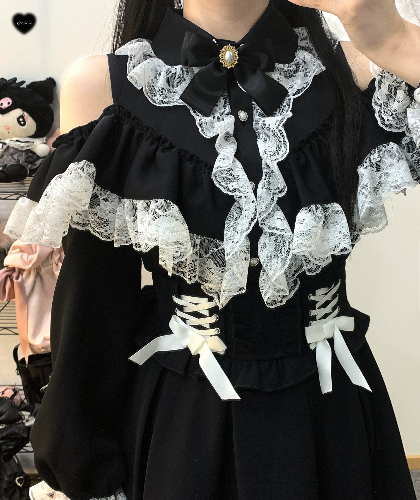 Jirai Kei Black White Blouse Double Layer Hollowed Sleeves Shirts 31856:372612