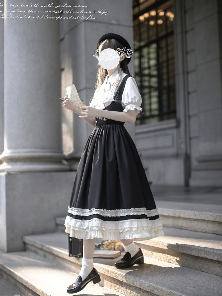 Black Preppy Style Jumper Dress, White Blouse 43508:778718