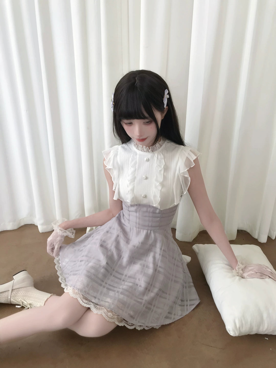 Sleeveless Seiso Kei High-Waist Dress, Purple Plaid Hem 44974:834211