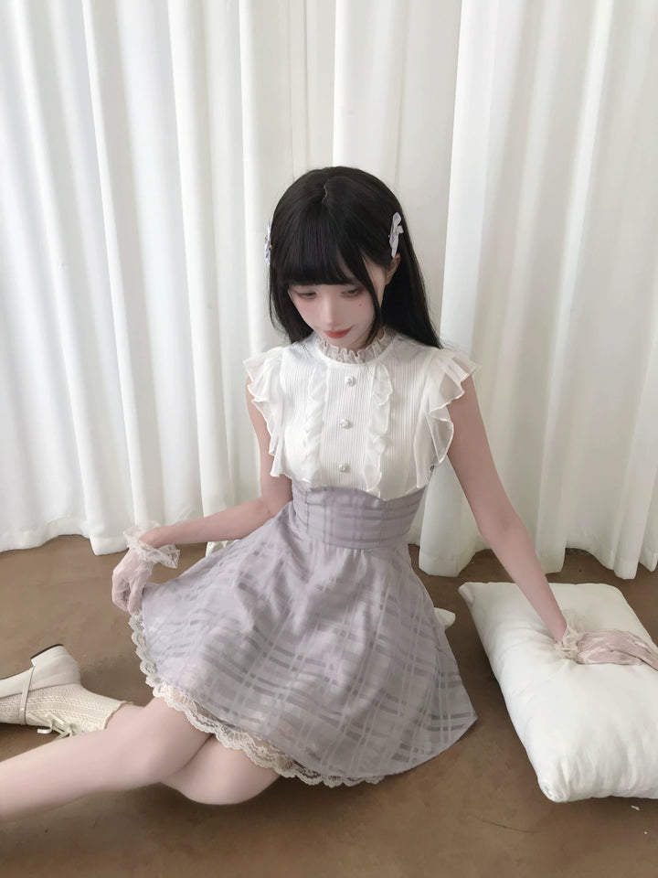 Sleeveless Seiso Kei High-Waist Dress, Purple Plaid Hem 44974:834211