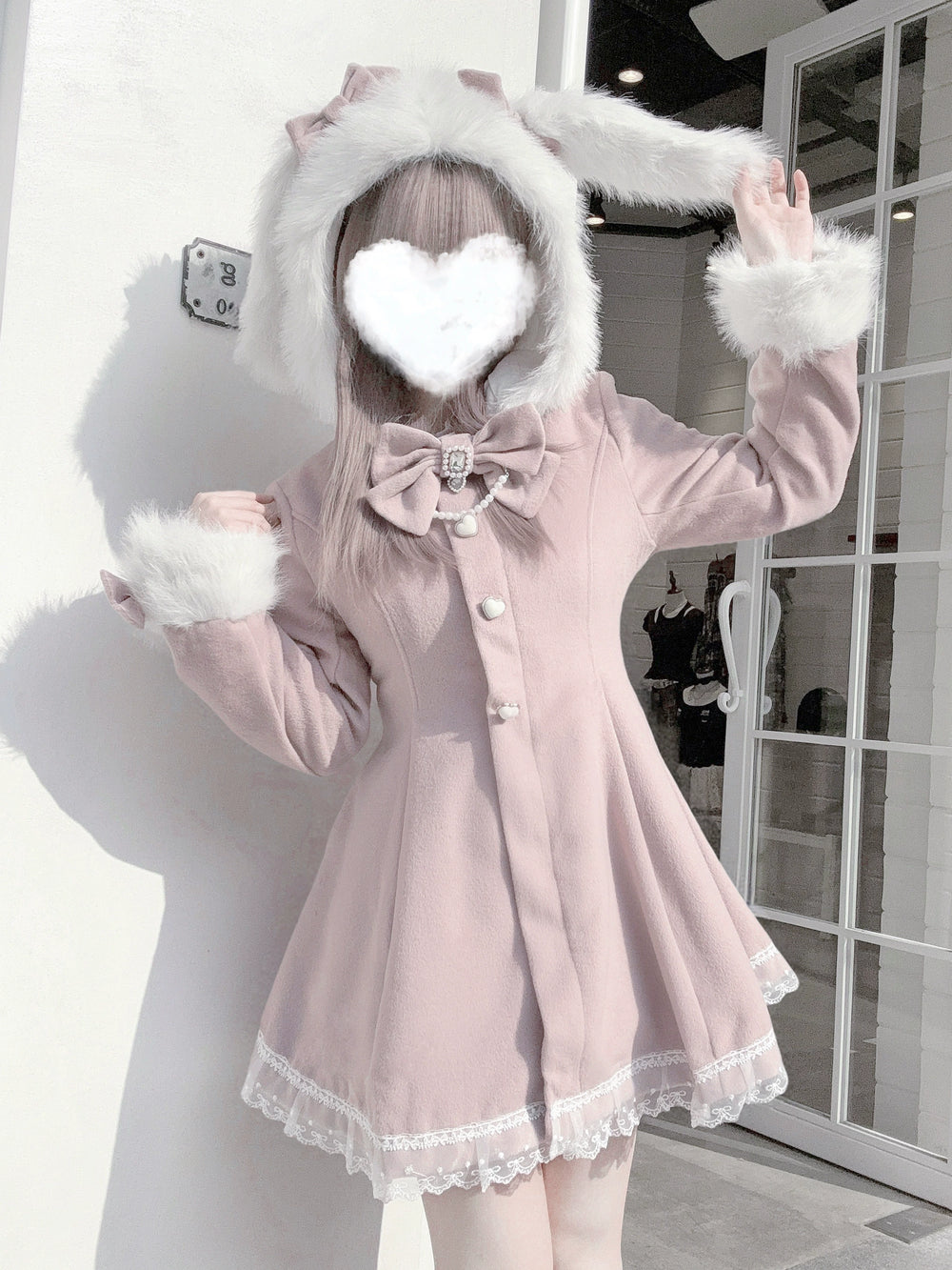 Ryousangata Pink Coat, Removable Bunny Ear Hood (Pink / L M S) 44012:793121