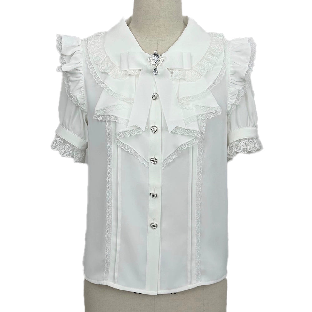 Jirai Kei Shirt Short Sleeve Blouse Versatile Lace Top (L M S / White) 38508:592466