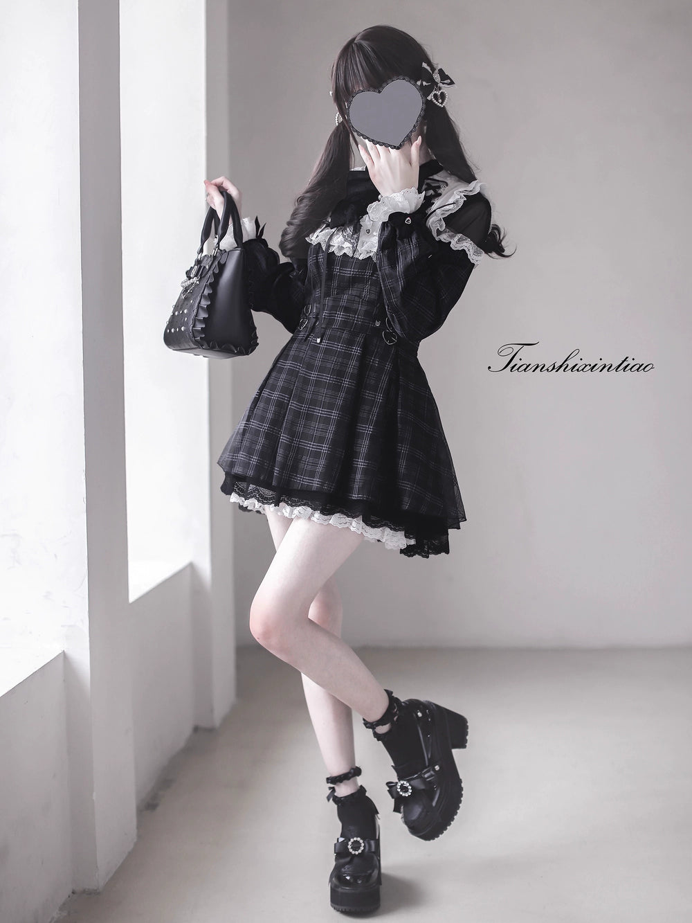 Plaid Jirai Kei Set-Up, Voile Layered Dress 43757:784684