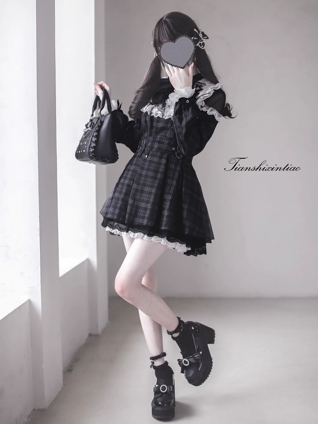 Plaid Jirai Kei Set-Up, Voile Layered Dress 43757:784684
