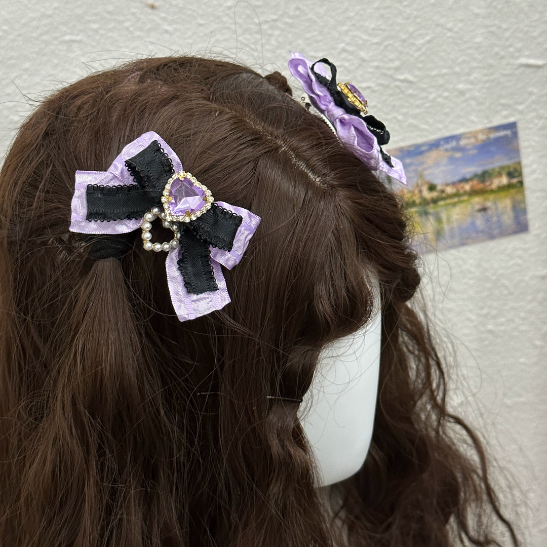 Jirai Kei Hair Clip Black Purple Rhinestone Bow Hair Clip 32182:467246 32182:467246