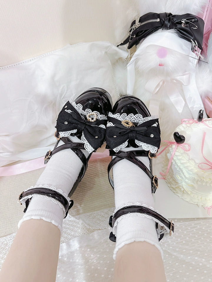Jirai Kei Platform Shoes, Lace Bow Details, Chunky Heel 43445:778164