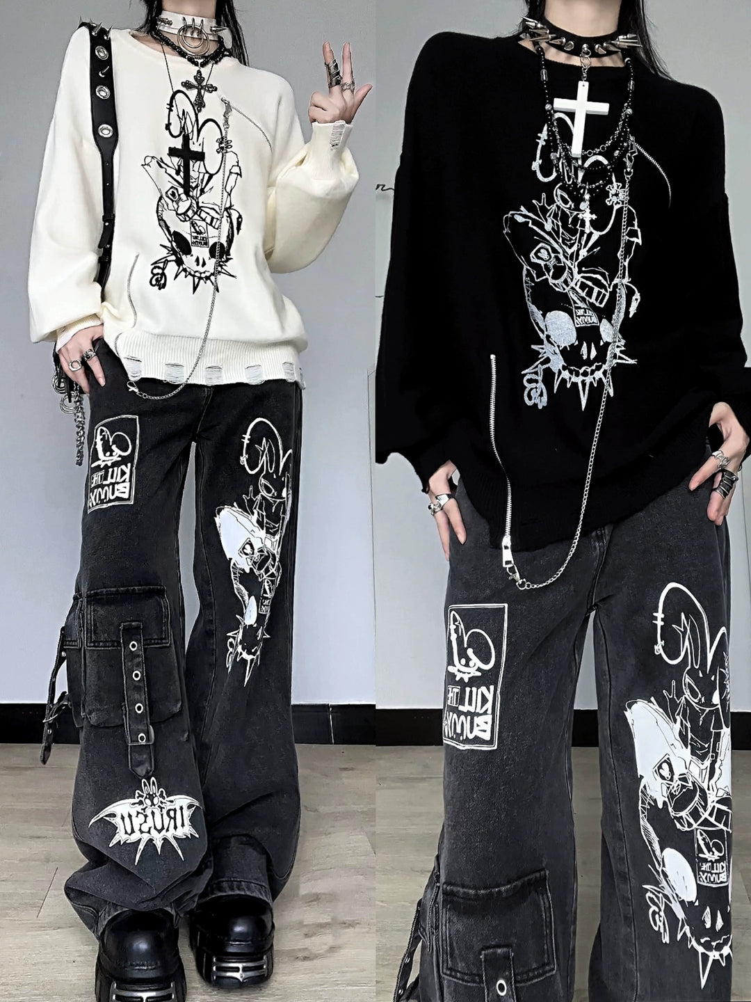 Punk Sweater Black White Rabbit Ripped Sweatershirt Knit Top 41158:696846