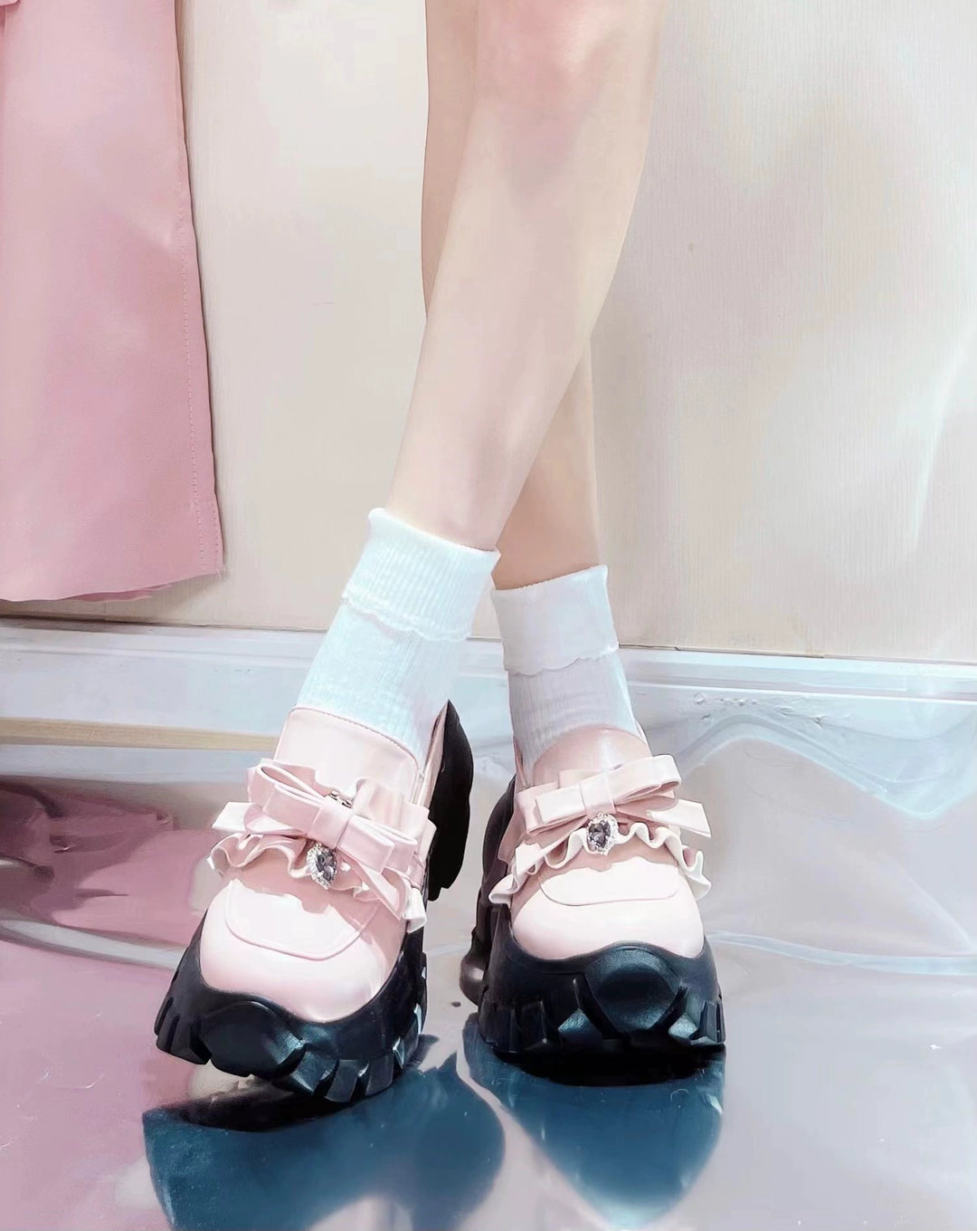 JK Uniform Pink Black Platform Shoes With Bow Ties 21892:331968 21892:331968